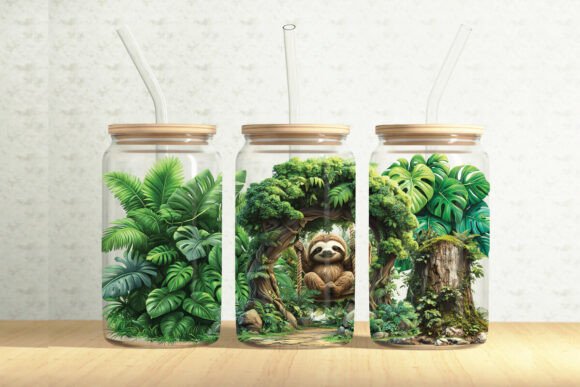 Jungle Sloth 16oz Glass Can Tumbler Wrap: Graphics & Illustrations