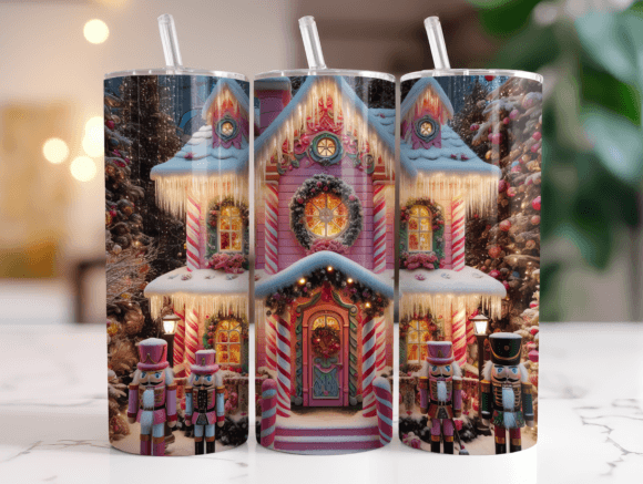 Pink Nutcracker House Christmas Wrap PNG: Graphics for Tumbler Wraps